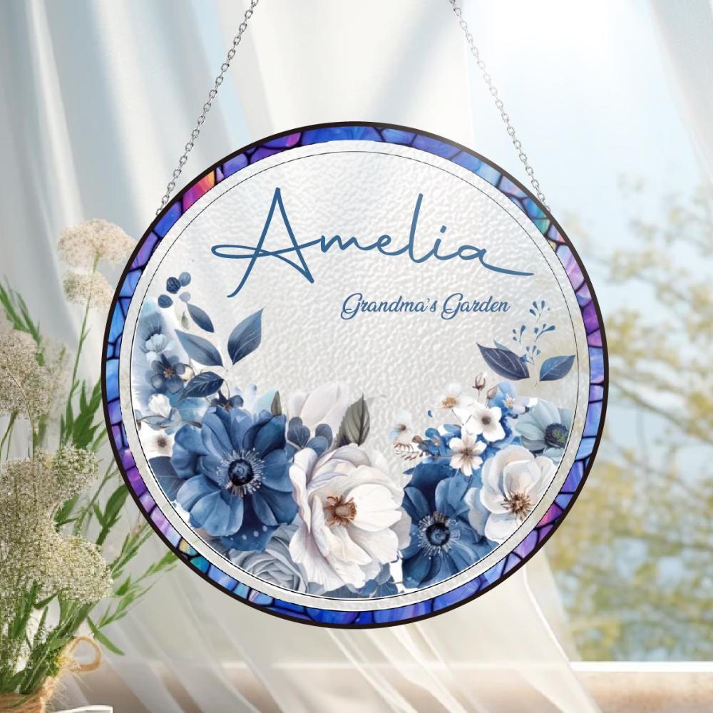 Personalized Grandma Garden Decor, Custom Glass Suncatcher, Floral Window Decor, Mother's Day Gift for Grandma, Botanical Wall Decor