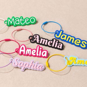 May include: A collection of six personalized luggage tags featuring names Mateo, James, Amelia, and Sophia in various colors including green, blue, black, pink, purple, and light blue, each attached to a circular wire cable loop.
