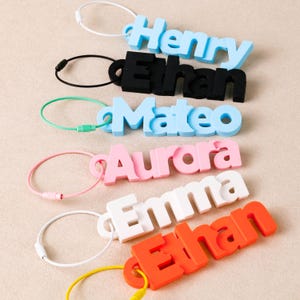Op de afbeelding: Een verzameling kleurrijke naamlabels in blauw, zwart, lichtblauw, roze, wit en oranje. Elk label toont een andere naam in vette, 3D-letters, bevestigd aan een lus.