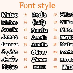 May include: A chart titled Font style displaying twenty-four numbered examples of text in various typefaces. The names Mateo, Amelia, Emily, James, Sophia, William, and Oliver are shown in black with white outlines against a light background.