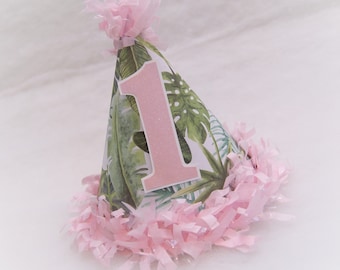 Pink and Green Palm Birthday Party Hat - pink tissue fringe trim, palm beach party, tropical party