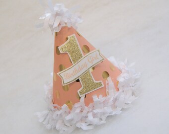 Peach and Gold Glam Polka Dot Birthday Party Hat