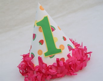 Tutti Frutti Birthday Party Hat - fruit, Watermelon, oranges, pineapples, strawberries, Two-tti Fruitti Party