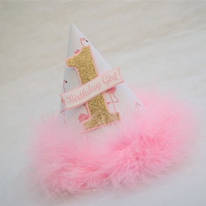 Pink Flamingo Party Hat with Gold Glitter Number pink feather trim, flamingo birthday party, gold and pink party image 1