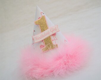 Pink Flamingo Party Hat with Gold Glitter Number - pink feather trim, flamingo birthday party, gold and pink party