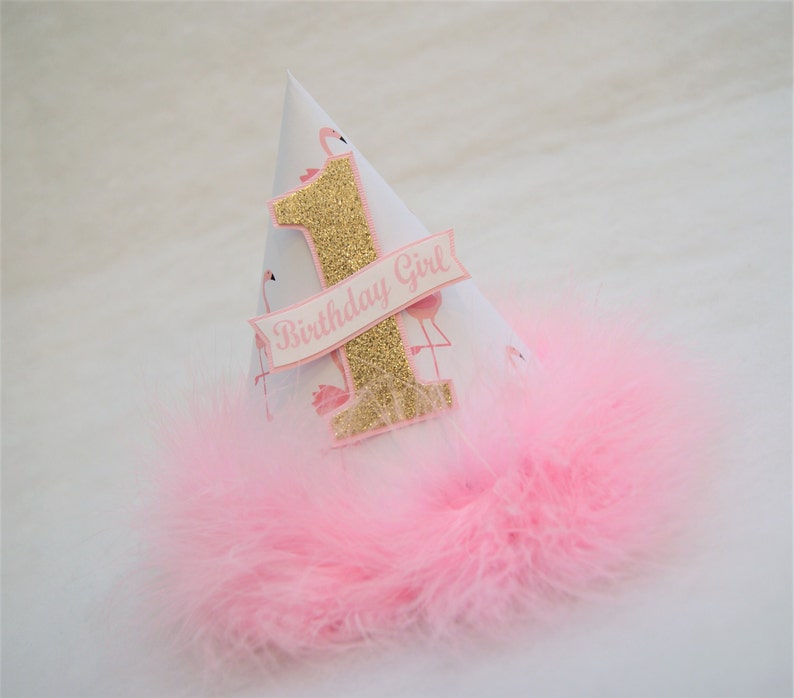 Pink Flamingo Party Hat with Gold Glitter Number pink feather trim, flamingo birthday party, gold and pink party image 1