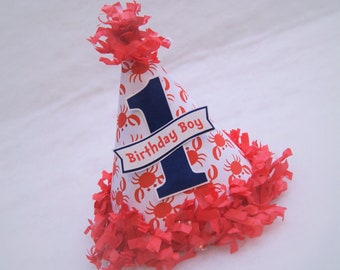 Navy Blue and Red Crab Print Birthday Party Hat - nautical, preppy party