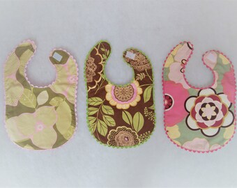 Baby bib set of three - Pink, Brown, Green - Amy Butler, Minky fabric