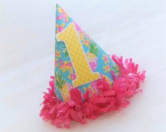 NEW Tropical Pineapple Party Hat - hot pink tissue fringe trim, flamingo birthday party, tropical beach party, pineapple birthday party
