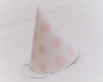 Simple Birthday Party Hat - Pink Snowflakes , Frozen Party, Winter Wonderland Onederland Party