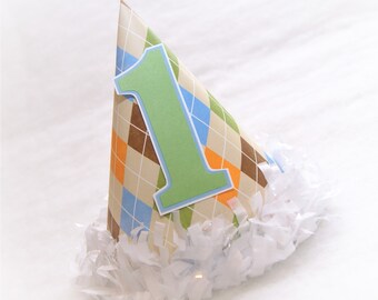 LAST ONE!  Argyle Birthday Party Hat - golf first birthday, preppy party