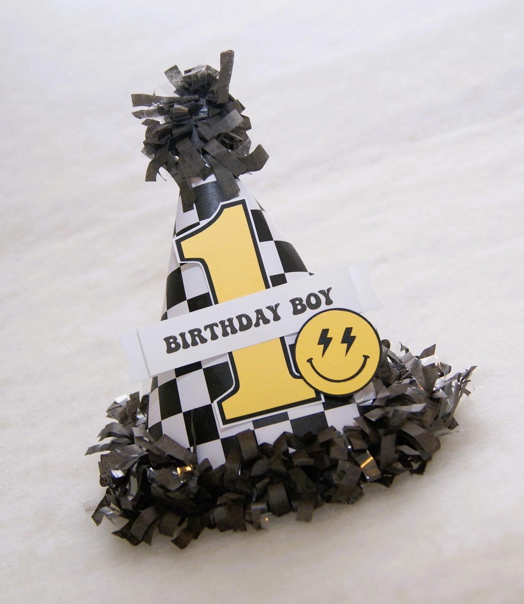 One Happy Dude Party Hat - Checkered Party Hat, Lightning Smiley Face ...