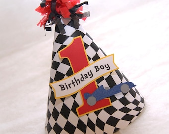 Racecar Birthday Hat - checkered flag, cars party