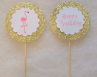 Gold Glitter Flamingo Cupcake Toppers - light pink and hot pink available - choose your quantity! Flamingo party, glam flamingo birthday