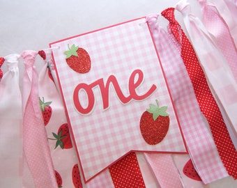 Strawberry Birthday Party high chair banner - Gingham, dots, strawberries, strawberry shortcake party