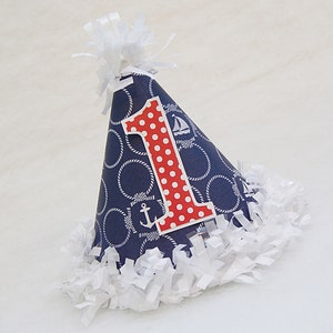 Navy Blue and White Nautical Print Birthday Party Hat with red dot number - anchors, sailboat party, nautical, preppy party