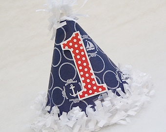 Navy Blue and White Nautical Print Birthday Party Hat with red dot number - anchors, sailboat party, nautical, preppy party