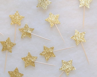 Gold Glitter Star Cupcake Toppers - set of 12 - you're a star party, star birthday, shooting star party