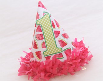 Watercolor Watermelon Birthday Party Hat - Watermelon, Picnic Party, Gingham, Two-tti Fruitti Party