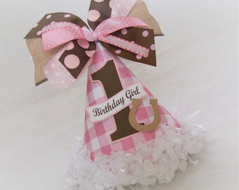Gingham and Horseshoe Western Party Hat - pink and brown, horse party, pony party, cowboy birthday, gingham, burlap