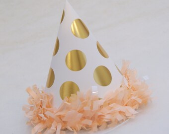 Gold Dot and Peach Party Hat - Gold and Peach Glam Party, Princess party, gold foil, peach fringe