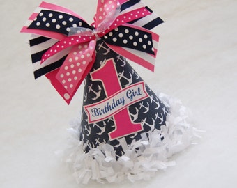 Navy and Hot Pink Nautical Birthday Party Hat - anchors, nautical, polka dots, preppy stripes, tissue fringe