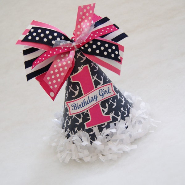 Navy and Hot Pink Nautical Birthday Party Hat - anchors, nautical, polka dots, preppy stripes, tissue fringe