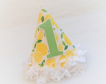 Lemonade Party Hat - Lemonade stand birthday party, green and yellow lemons