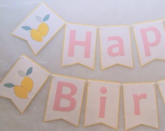 Pink Lemonade Happy Birthday Banner - pink and yellow lemons party, pink lemonade party decor