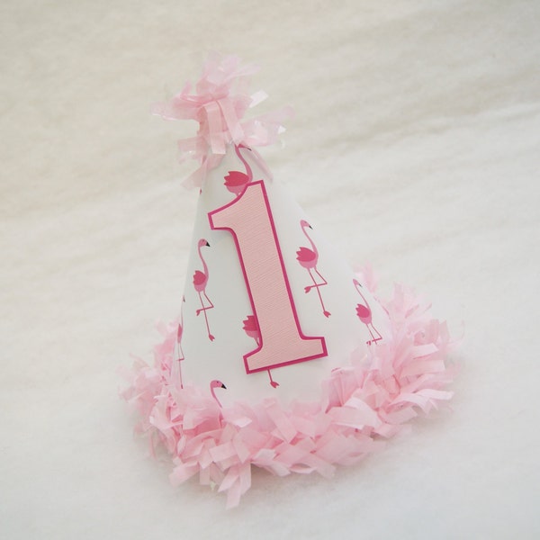 Pink Flamingo Birthday Party Hat - pink tissue fringe trim, flamingo birthday party, pool party, tropical party