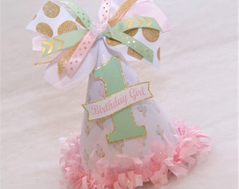 Pink, Gold, and Mint Cactus Party Hat - Cactus Birthday, Gold and Pink Party