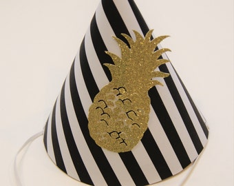 Black & White Stripe and Gold Pineapple Party Hat - pineapple birthday party, pool party, tropical party
