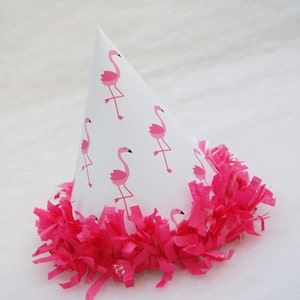 Pink Flamingo Party Hat - hot pink tissue fringe trim, flamingo birthday party, pool party, beach party, tropical party