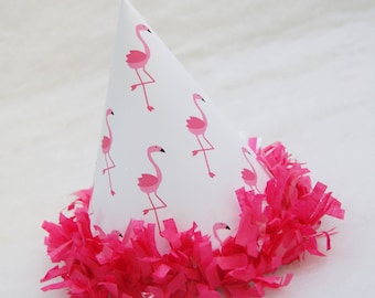 Pink Flamingo Party Hat - hot pink tissue fringe trim, flamingo birthday party, pool party, beach party, tropical party
