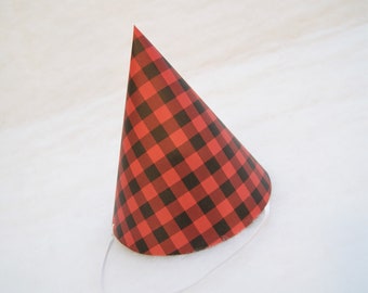 Simple Birthday Party Hat - Buffalo Check, Lumberjack Party, Red and Black Plaid