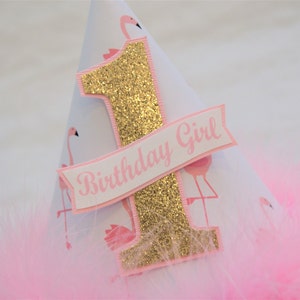 Pink Flamingo Party Hat with Gold Glitter Number pink feather trim, flamingo birthday party, gold and pink party image 2