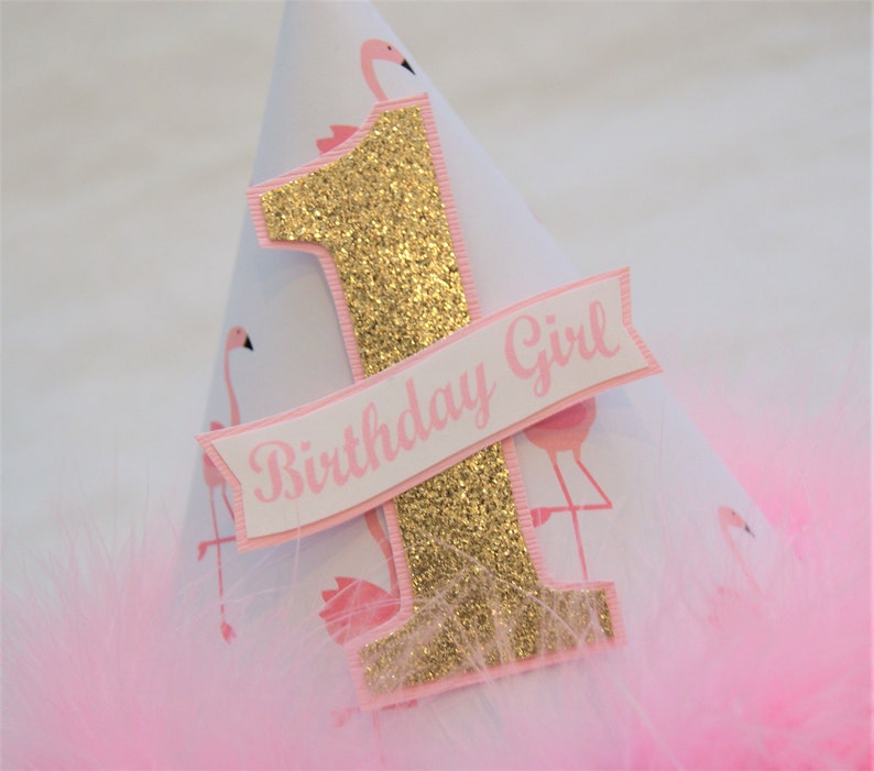 Pink Flamingo Party Hat with Gold Glitter Number pink feather trim, flamingo birthday party, gold and pink party image 2