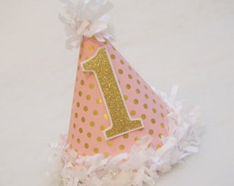 Pink and Gold Dot Party Hat - gold glitter, flamingo birthday party, pink and gold birthday