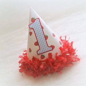 Strawberries & Gingham Party Hat - berry first, sweet one, strawberry shortcake birthday party, blue gingham, Two-tti Fruitti Party