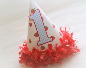 Strawberries & Gingham Party Hat - strawberry shortcake birthday party, blue gingham, berry party, Two-tti Fruitti Party