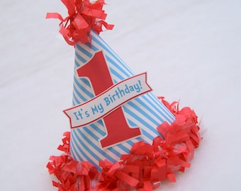 Turquoise Stripe Dr. Seuss Birthday Hat - dr seuss party, cat in the hat party, Turquoise and Red party, thing 1 thing 2 party