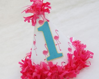 NEW Pink Flamingo Birthday Party Hat with tissue fringe - hot pink, gold, turquoise. flamingo birthday party, pool party, tropical party