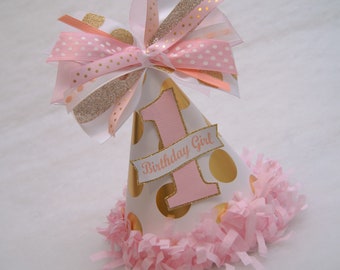 Gold Polka Dot Birthday Hat - Princess, Glam, Winter Wonderland, Frozen, Fairy Party, Pink and Peach