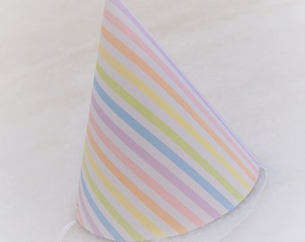 Simple Birthday Party Hat - Pastel Rainbow Stripe - rainbow party, unicorn birthday party, rainbow princess party
