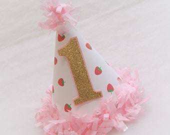 Strawberries Birthday Party Hat - pink and gold strawberry shortcake birthday party