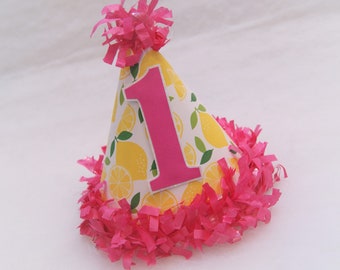 Hot Pink Lemonade Party Hat - Lemonade stand birthday party, pink lemonade, bright pink and yellow party