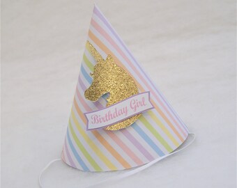 Pastel Rainbow Stripe and Gold Unicorn Birthday Party Hat - rainbow party, unicorn birthday party, rainbow princess party