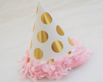 Gold Foil Polka Dot Party Hat with Pink Tissue Fringe Trim - Gold Foil, Glam Party, Princess Party, Gold and Pink Party