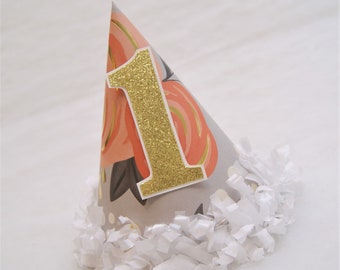 SAMPLE SALE!  Gray, Gold, and Peach Floral 1st Birthday Party Hat