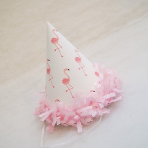 Pink Flamingo Party Hat - pink tissue fringe trim, flamingo birthday party